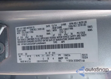 2015 Ford Escape Se из США, поврежденный, VIN 1FMCU0GX9FUA89441